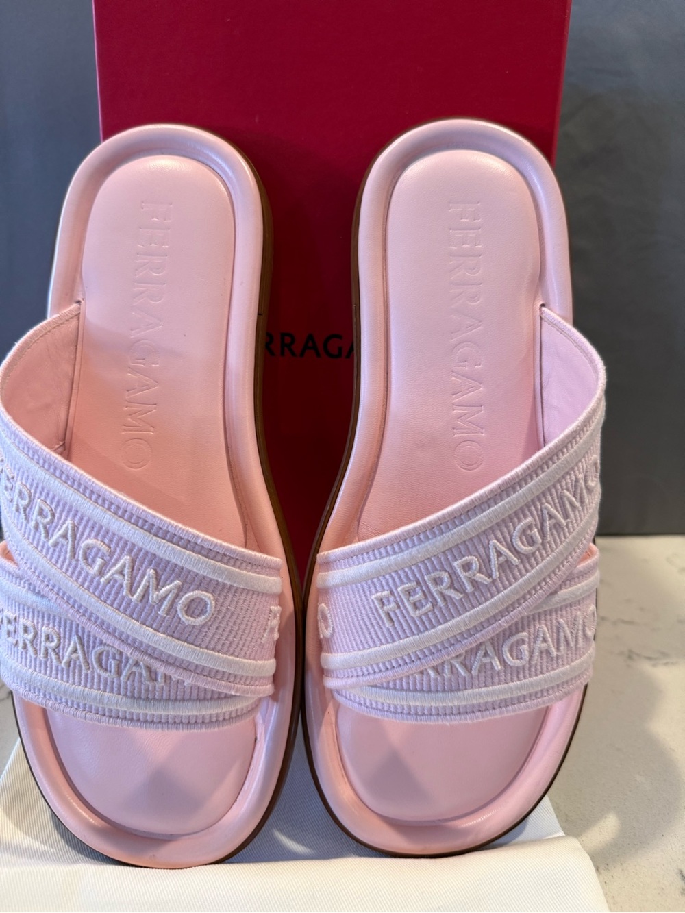 Salvatore Ferragamo Light Pink Embroidered Logo Slide Sandals